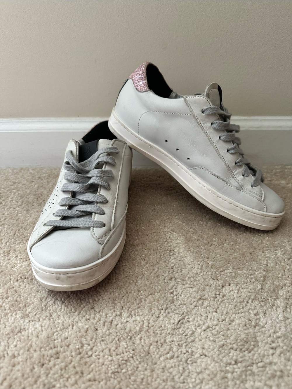 P448 White Genuine Leather Sneakers Size 6 EU 36 Pink Glitter Heel